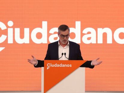 El secretario general de Ciudadanos, Jos&eacute; Manuel Villegas, durante la rueda de prensa posterior a la reuni&oacute;n del Comit&eacute; Ejecutivo de la formaci&oacute;n naranja celebrada este lunes en la sede de la calle Alcal&aacute;, en Madrid.