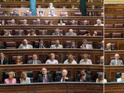 Las dos bancadas de los dos principales partidos políticos, durante el segundo día del debate. A la izquierda (11:44), la bancada socialista, con Zapatero al frente. Mientras, en la bancada del Partido Popular (11:52), Rajoy y la mayoría de los diputados, han decidido no acudir a la sesión.