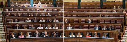 Las dos bancadas de los dos principales partidos políticos, durante el segundo día del debate. A la izquierda (11:44), la bancada socialista, con Zapatero al frente. Mientras, en la bancada del Partido Popular (11:52), Rajoy y la mayoría de los diputados, han decidido no acudir a la sesión.
