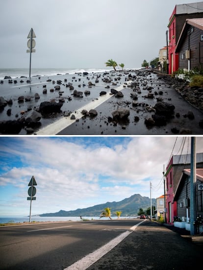 En la de arriba, las rocas esparcidas sobre la calzada tras haber sido arrastradas por las fuertes olas después del huracán María en la isla Martinica, el 19 de septiembre de 2017. En la fotografía de abajo se muestra la misma carretera, el 3 de marzo de 2018.