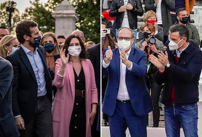 Pablo Casado e Isabel Díaz Ayuso, este domingo. Ángel Gabilondo y Pedro Sánchez, en el acto de cierre de campaña.