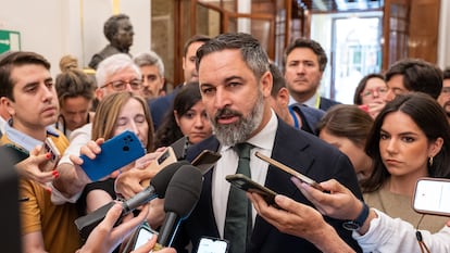 El líder de Vox, Santiago Abascal, atiende a los medios este jueves en el Congreso de los Diputados.