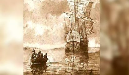 An artist's rendition of the 'Oriflama' being approached by local sailors.