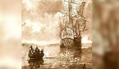 Grabado del 'Oriflama' antes de ser abordado por los marineros del 'Gallardo'.