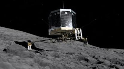 Ilustración del módulo de descenso Philae (de la misión espacial Rosetta), en la superficie del cometa 67P/Churyumov-Gerasimenko.