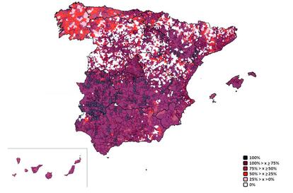 Mapa de Zonas Blancas con una cobertura nula o inferior a 2 Mbps, especialmente visibles en las dos Castillas, pero también en Galicia, Aragón y área pirenaica.