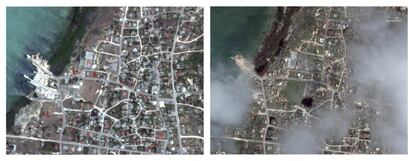 Vista satélite de la ciudad de Codrington en la isla de Antigua y Barbuda, el 24 de abril de 2014 y el 8 de septiembre de 2017, tras el paso del huracán Irma.