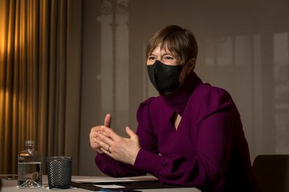 Kersti Kaljulaid, presidenta de Estonia, durante la entrevista, este lunes en Madrid.