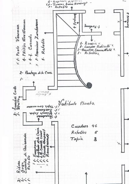 Croquis del vestíbulo del palacete con la relación de cuadros que había.