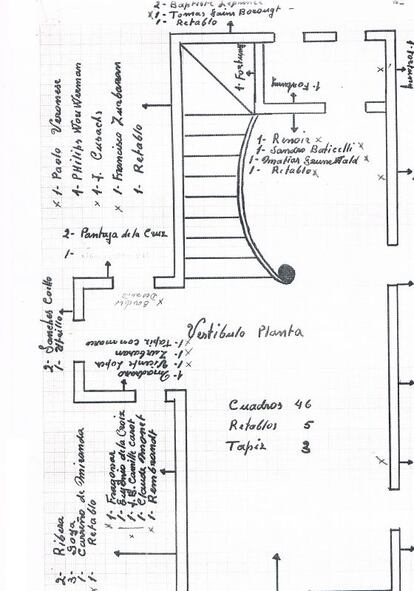 Croquis del vest&iacute;bulo del palacete con la relaci&oacute;n de cuadros que hab&iacute;a.