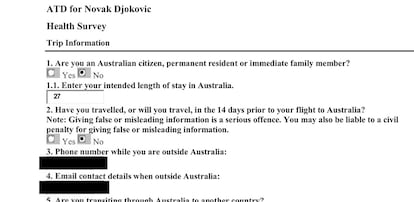 El error en la declaración de entrada a Australia de Djokovic en el que marcó que no había viajado en los 14 días previos a su llegada.