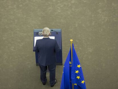 El presidente de la Comisi&oacute;n Europea, Jean-Claude Juncker, durante el discurso del estado de la Uni&oacute;n en Estrasburgo.