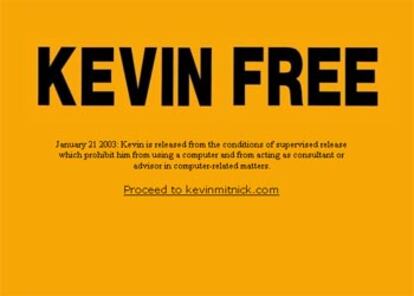 Aspecto del sitio web Freekevin.com, hoy, día en que el &#39;hacker ha sido liberado. El lema &#39;Free Kevin&#39; (Liberad a Kevin) que ha acompañado la campaña que pedía su puesta en libertad se ha convertido en &#39;Kevin free&#39; (Kevin, libre).