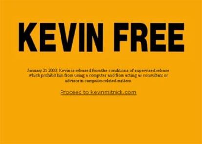 Aspecto del sitio web Freekevin.com, hoy, día en que el 'hacker ha sido liberado. El lema 'Free Kevin' (Liberad a Kevin) que ha acompañado la campaña que pedía su puesta en libertad se ha convertido en 'Kevin free' (Kevin, libre).