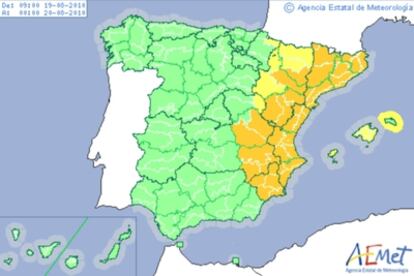 Hasta 13 provincias de Valencia, Cataluña, Aragón, Castilla La Mancha y Murcia están en hoy en alerta naranja.
