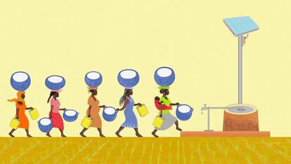 Mamá está muy contenta porque ya no tenemos que ir tan lejos en busca de agua y, ahora, ella y otras mujeres pueden trabajar cuidando de los pozos y las fuentes de la aldea.