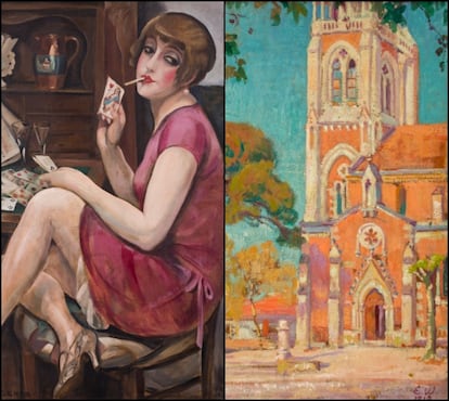 Do lado esquerdo, 'Queen of Hearts' (1928) de Gerda Wegener, uma das obras da pintora em que Lili Elbe serviu de modelo. Do lado direito, Notre Dame d'Arcachon (1918), pintado por Lili Elbe.