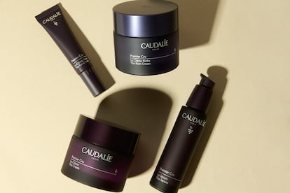Crema para el contorno de ojos, crema rica, crema en textura normal y sérum, todos de la gama Premier Cru de CAUDALIE.