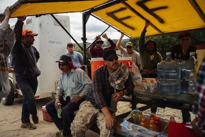Trabajadores mexicanos de la cosecha de naranjas y mandarinas se toman un descanso. 