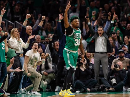 Crowd cheers after Boston Celtics guard Marcus Smart (36) made a three point basket during the first quarter of game five of the Eastern Conference Finals against the Miami Heat in the 2023 NBA playoffs.