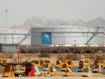 Storage tanks are seen at the North Jiddah bulk plant, an Aramco oil facility, in Jiddah, Saudi Arabia, on March 21, 2021.