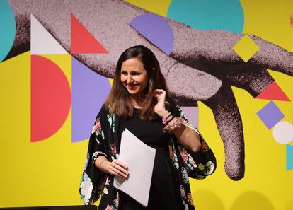 La ministra de Derechos Sociales y Agenda 2030, Ione Belarra, durante la jornada 'Construyendo un nuevo país: los Fondos Europeos al servicio de la innovación social', en COAM, el 20 de julio en Madrid.