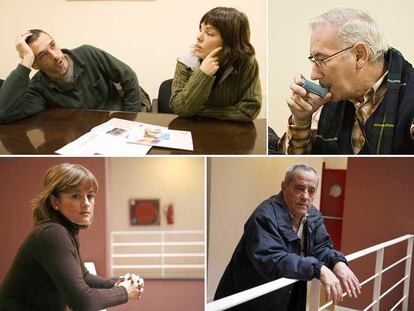 De izquierda a derecha y de arriba abajo, Aitzol e Iruntza, hijos del trabajador fallecido Javier de Castro; Eusebio Pagola, ex empleado de Montero Kaefer; Begoña Vila, viuda del ex empleado de Wagon Lits Marcos Albitre, y José María Diaz Contreras, especialista soldador.