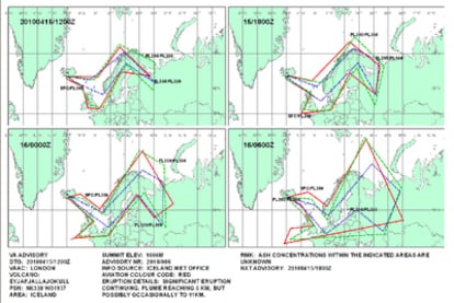 Gráfico del Centro de Aviso de Cenizas Volcánicas de Londres (VAAC, por sus siglas en inglés) sobre la evolución del área afectada por las cenizas volcánicas entre las 12.00 GMT de hoy (dos horas más en la España peninsular) y las 6.00 GMT de mañana. El volcán islandés Eyjafjalla vivó el pasado martes su segunda erupción en un mes.