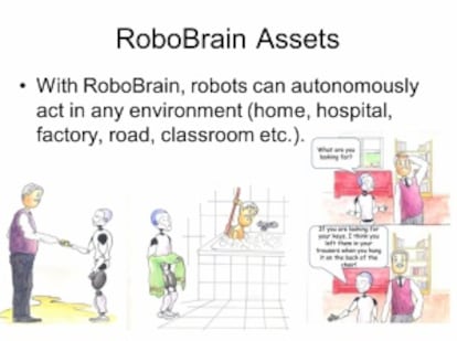 Una diapositiva que ejemplifica los usos que podría tener RoboBrain para ayudar a la tercera edad.