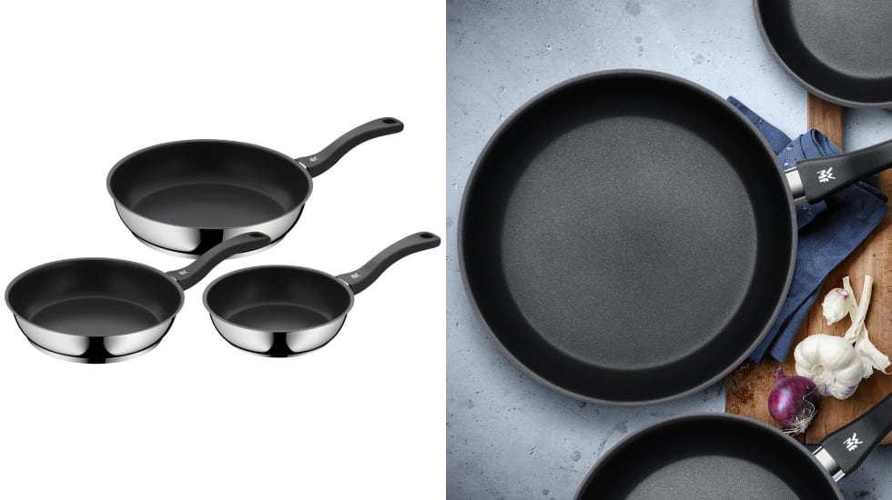 Tres sartenes de acero inoxidable antiadherentes, de WMF.