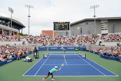 Aleksandar Vukic, of Australia, returns a shot to Alexander Zverev, of Germany, during the first round of the U.S. Open tennis championships, Tuesday, Aug. 29, 2023, in New York.