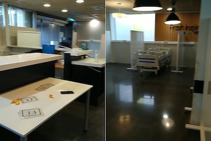 Imágenes a las que ha tenido acceso EL PAÍS de la preparación de la cafetería del hospital de Elche para acoger pacientes.