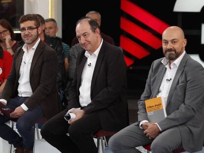 De dreta a esquerra els directors de mitjans públics: Saül Gordillo de Catalunya Radio, Vicent Sanchis, de TV3 i Marc Colomer de l'ACN.