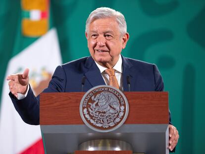 Andrés Manuel López Obrador, en su rueda de prensa este lunes en Palacio Nacional, en Ciudad de México.