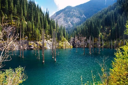 As pontas dos pinheiros emergem da superfície da água como lanças no lugar onde uma floresta inteira afundou após um terremoto. O terremoto de Kebin, em 1911, causou um deslizamento de terra nas montanhas de Tian Shan, criando uma represa natural que acabou formando esse lago cristalino de 400 metros e submergindo parte da floresta. Está localizado a 2000 metros de altitude, perto da fronteira entre o Cazaquistão e o Quirguistão. A floresta afundada, cercada por águas azul-turquesa e montanhas arborizadas, dá um ar misterioso a este lugar plácido e atrai muitas pessoas da região. Pode-se chegar ao lago de carro, partindo de Almaty, a cerca de 280 quilômetros de distância.