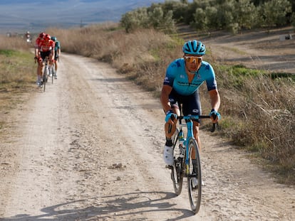 Lutsenko, al ataque en la grava entre los olivos de Úbeda. Wellens queda distanciado.