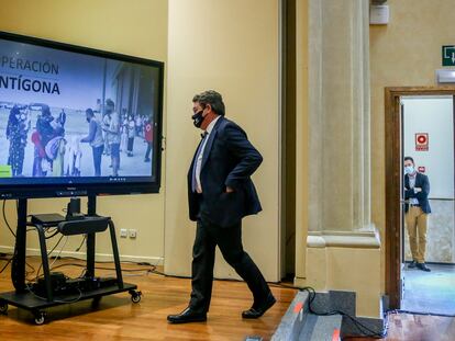 José Luis Escrivá, a su llegada para presentar el balance de Operación Antígona, este jueves en Madrid.