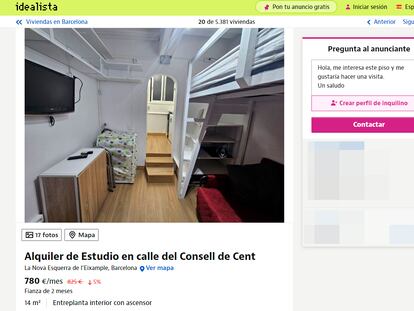 Anuncio en Idealista del alquiler de un piso en Barcelona, de 12 m² habitables, por 780 euros al mes.