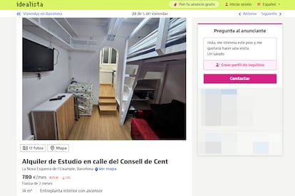 Anuncio en Idealista del alquiler de un piso en Barcelona, de 12 m² habitables, por 780 euros al mes.