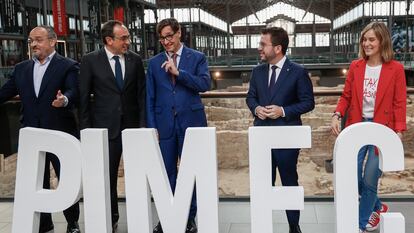 Un imagen de los candidatos del 12-M en el debate electoral de PIMEC. De izquierda a derecha, Alejandro Fernández (PP), Josep Rull (Junts), Salvador Illa (PSC), Pere Aragonès (ERC) y Jéssica Albiach (Comuns).