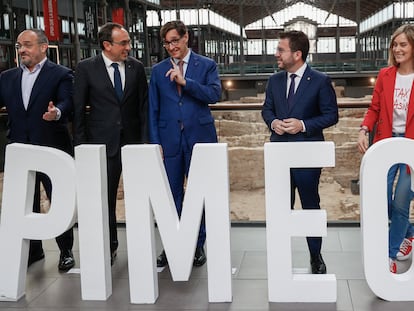 Un imagen de los candidatos del 12-M en el debate electoral de PIMEC. De izquierda a derecha, Alejandro Fernández (PP), Josep Rull (Junts), Salvador Illa (PSC), Pere Aragonès (ERC) y Jéssica Albiach (Comuns).