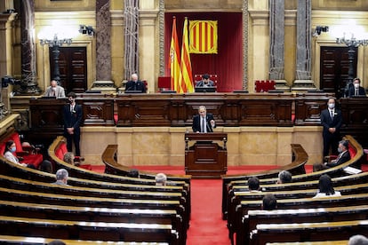 El expresidente de la Generalitat, Quim Torra, durante una intervención en el Parlament.