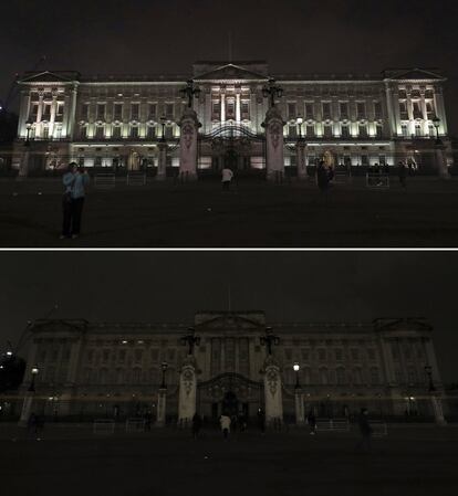 Dos fotos del Palacio de Buckingham en Londres, antes y después de apagar sus luces durante la Hora del Planeta.