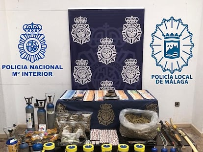 Gas de la risa y otros estupefacientes incautados a una trama de traficantes de droga desmantelada en Málaga.