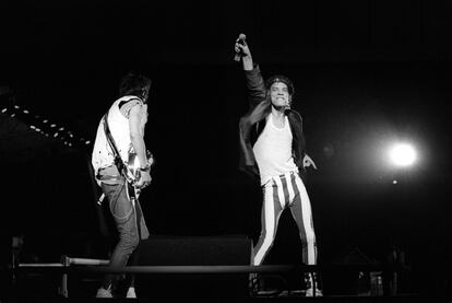 Mick Jagger durante el primer concierto que The Rolling Stones ofreció en Madrid el 7 de julio de 1982.