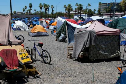 A large homeless encampment is shown in Phoenix, on Aug. 5, 2020.