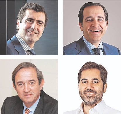 Jorge Quemada, jefe de la oficina de Cinven en Madrid; Javier de Jaime, ‘managing partner’ de CVC; Claudio Boada, asesor de Blackstone en España; Pedro López, pirncipal de Permira.