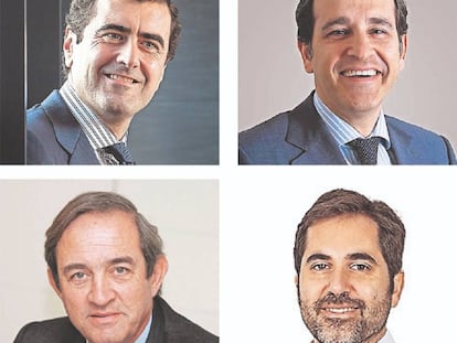 Jorge Quemada, jefe de la oficina de Cinven en Madrid; Javier de Jaime, ‘managing partner’ de CVC; Claudio Boada, asesor de Blackstone en España; Pedro López, pirncipal de Permira.