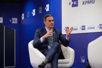 El presidente del Gobierno, Pedro Sánchez, durante su intervención este miércoles en un encuentro organizado por la agencia Efe.