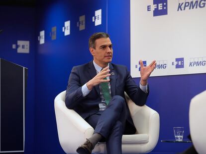 El presidente del Gobierno, Pedro Sánchez, durante su intervención este miércoles en un encuentro organizado por la agencia Efe.
